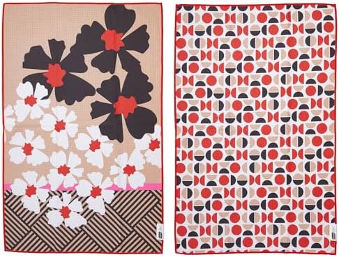 Ritz Waffle Microfiber Kitchen Towel 2pc Set – White Black Flowers and Moons – by RITZ
