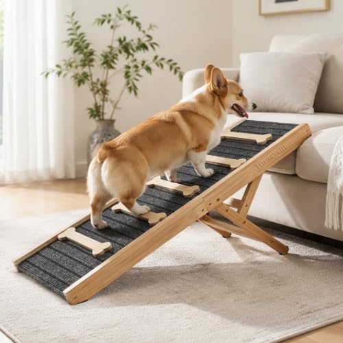 Foldable Dog Ramp for Bed & Couch, 5 Adjustable Heights Pet Ramp by HWAEYEM