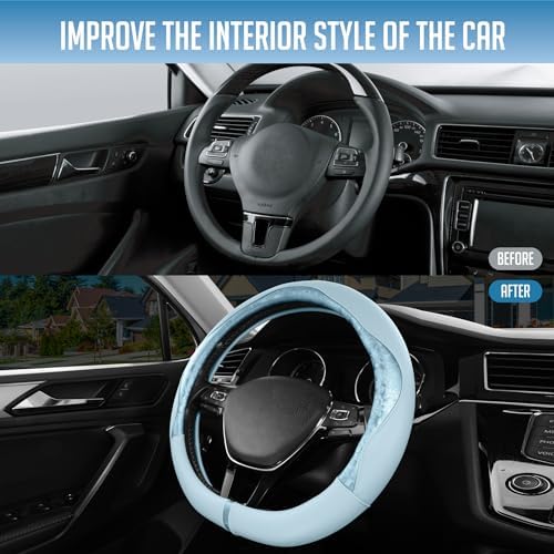 PIC AUTO Steering Wheel Cover, Light Blue Patterned Leather Patchwork Design - Image 6