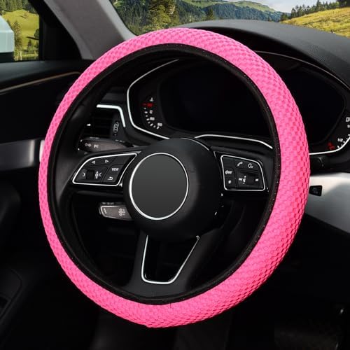 KAFEEK Elastic Stretch Steering Wheel Cover, Universal 15 Inch, Rose Red - Image 3