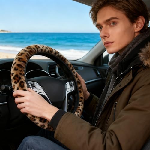 Brown Leopard Print Fuzzy Steering Wheel Cover Universal-2PCS Car Coasters - Image 6