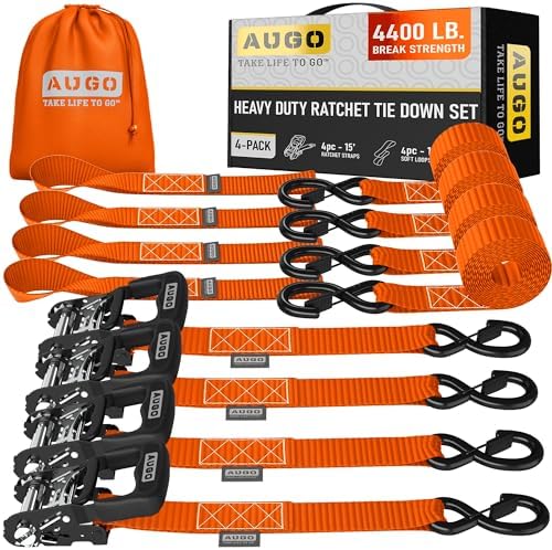 AUGO Heavy Duty Ratchet Straps & Soft Loops – Pack of 4 Extra Strong 1.5” by by AUGO
