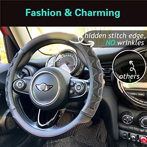 PINCTROT Large Size Steering Wheel Cover Great Grip 15.7In Black/Red Stitch - Image 2