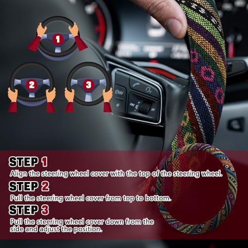 Boho Steering Wheel Cover, 14.5-15" Anti-Slip Flax - Image 6