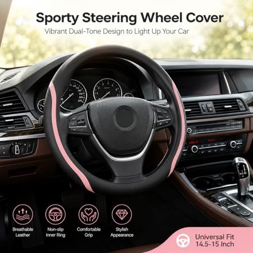 Steering Wheel Cover Black and Pink Leather Universal 14.5-15 inch - Image 2
