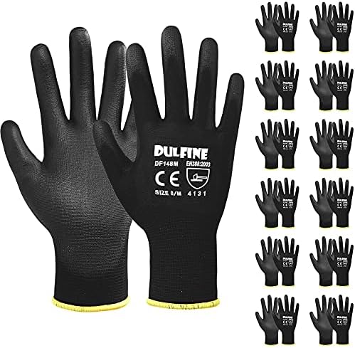 DULFINE Safety Work Gloves for Men 12 Pairs, Ultra-Thin PU Coated Black XXL by DULFINE