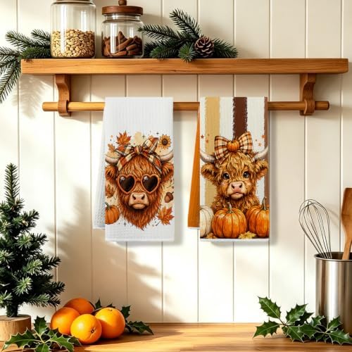 2 Pcs Fall Highland Cow Kitchen Towels, Striped Soft Absorbent Hand Towels - Image 5