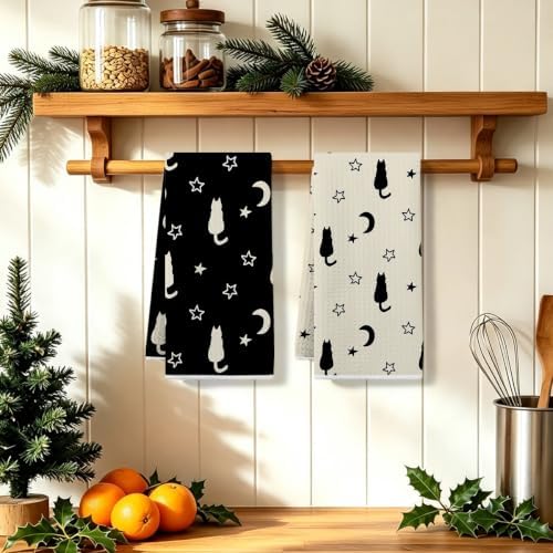 2 Pcs Cute Cat Kitchen Towels Waffle Soft Hand Towel Moon Star Decorative - Image 5
