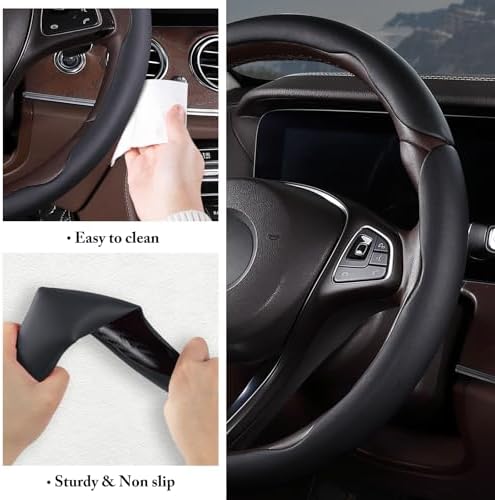Car Steering Wheel Cover Leather 14.5-15 in Universal 3Pcs Set Black - Image 6