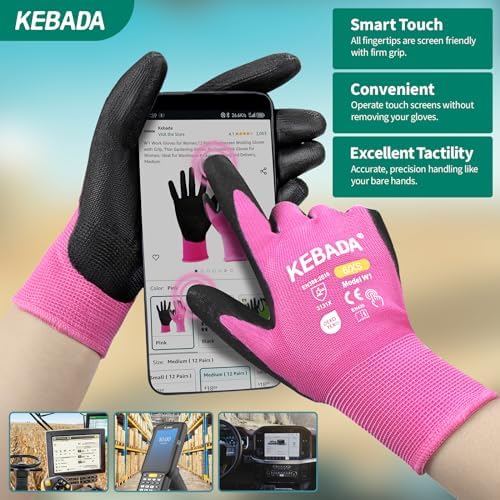 Kebada W1 Safety Work Gloves Women, Touchscreen, PU Coated, 12 Pairs - Image 3