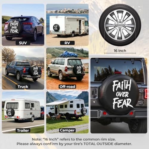 16 Inch Spare Tire Cover, Waterproof PU Leather, Faith Over Fear - Image 2