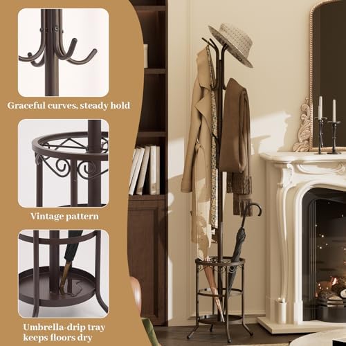Coat Rack Freestanding With Umbrella Holder – Metal Hall Tree with 12 Hooks - Image 7