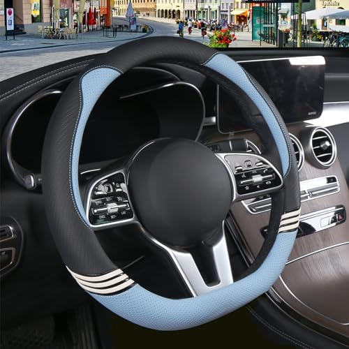 15 inch Cute Leather D Shape Steering Wheel Cover Black Blue - Image 2