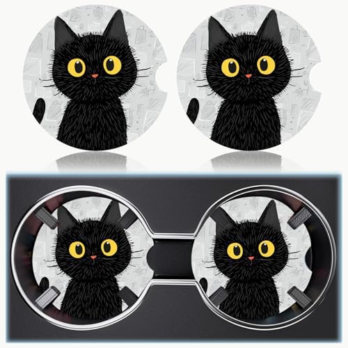 Ceramic Car Cup Holder Coasters Set of 2, 2.56 in Black Cat - Image 6