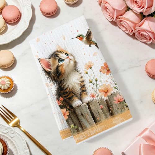 2 Pcs Cute Cat Kitchen Towels, Cat Theme Soft Absorbent Hand Tea Towels 02 - Image 2