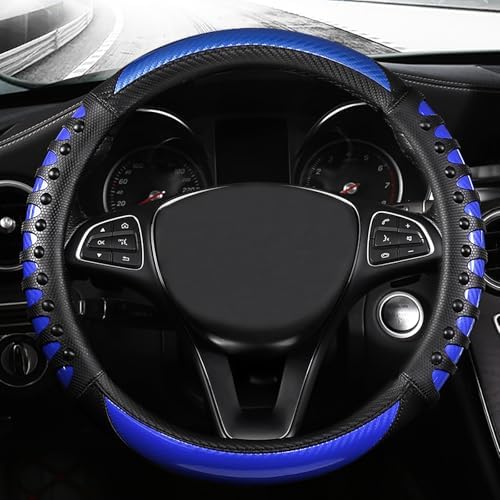 3D Massage Blue Carbon Fiber Leather Steering Wheel Cover, 14.5-15 Inch - Image 2