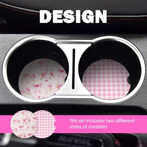 Car Cup Coasters 2-in-1 Style Set, 2.6-Inch Bow-Shaped/Checkered Cup Holder - Image 3