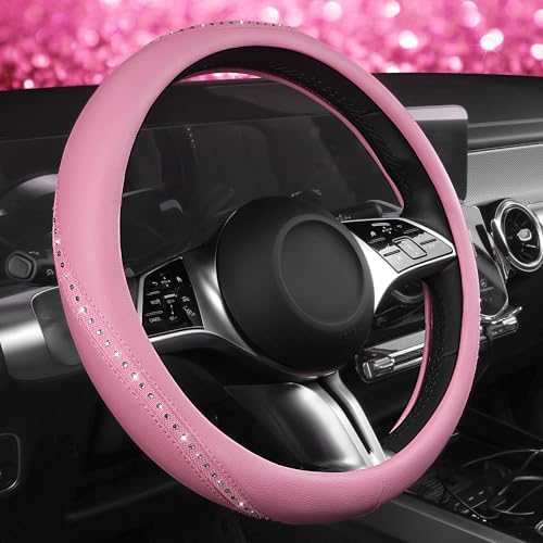 CAR PASS Bling Diamond Pink Leather Steering Wheel Cover, Studded Shining by CARPASS
