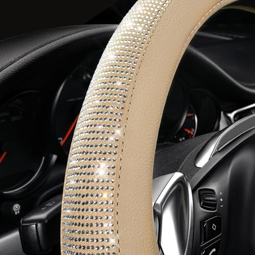 CAR PASS Bling Diamond Beige Leather Steering Wheel Cover - Image 2