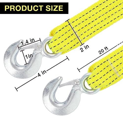 Tow Straps with Hooks 2" x20', Heavy Duty 15, 000 lbs Breaking Strength - Image 2