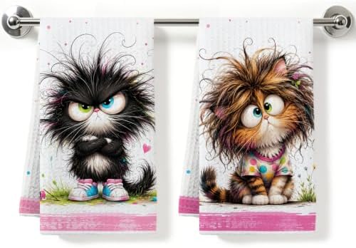 2 Pcs Funny Cat Kitchen Towels, Cat Theme Soft Absorbent Hand Tea Towels 02 by ZHAMEN