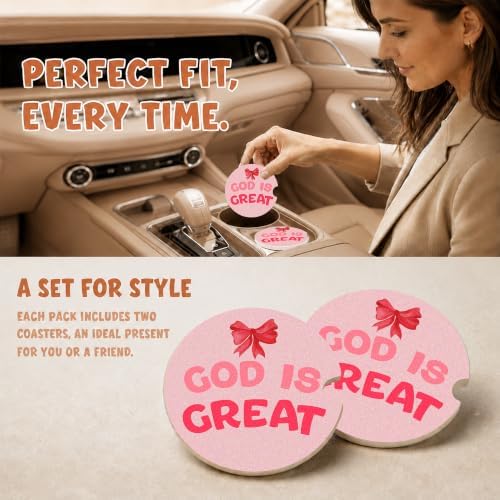 Red Bow Christian Faith Car Coasters, God is Great Preppy Cup Holders - Image 2