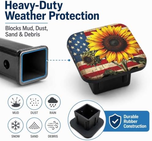 Hitch Cover Receiver Tube Hitch Plug Rustic Sunflower American Flag, Tool-Free - Image 6