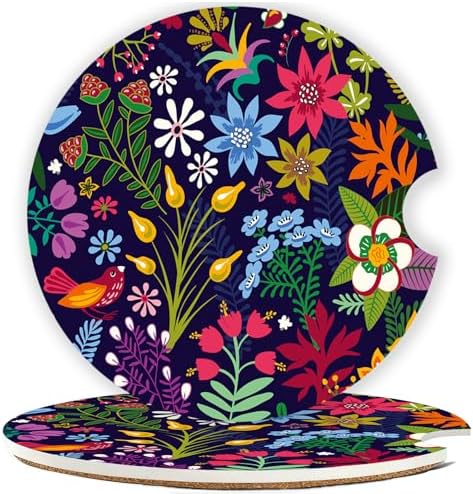 Ceramic Car Cup Holder Coasters Set of 2, 2.56 in Tropical Flowers by Mengduxd