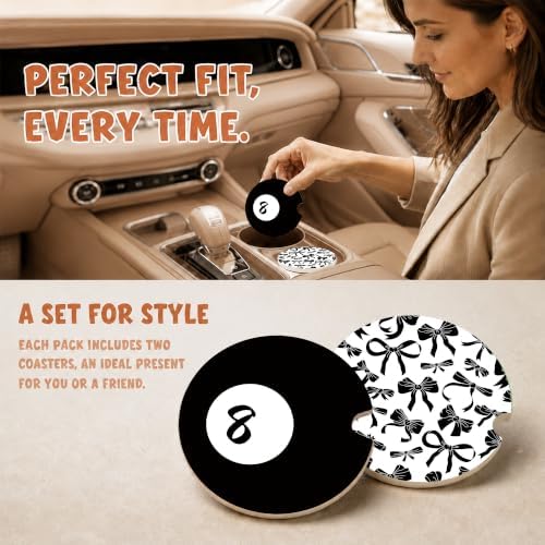 Black White Bow Car Coasters, Pool 8 Ball Retro Coquette Cup Holders - Image 2