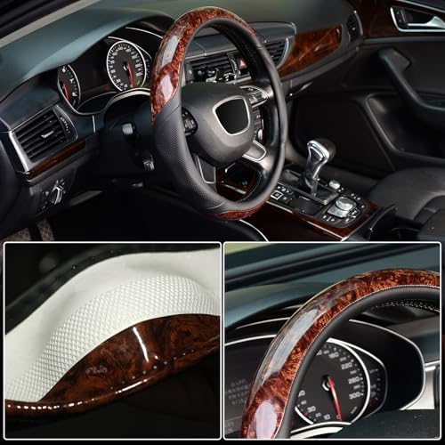 KAFEEK Wood Grain Steering Wheel Cover, Microfiber Leather, 15 Inch - Image 4