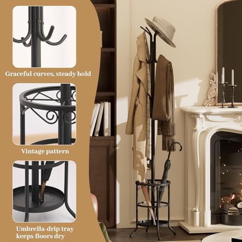 Coat Rack Freestanding with Umbrella Holder – Metal Hanger Stand, Hall Tree - Image 7