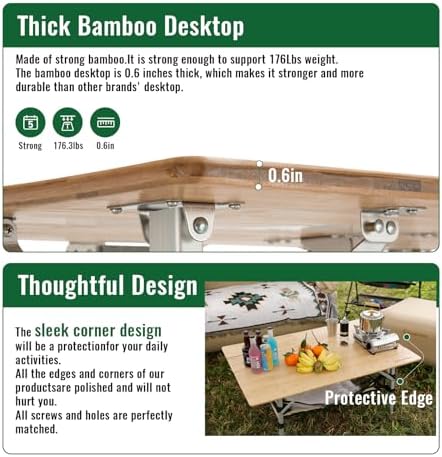 KingCamp Adjustable Height Bamboo Folding Camping Table - Image 4