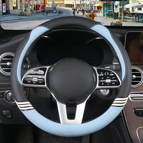 15 inch Cute Leather Steering Wheel Cover Black and Blue - Image 2