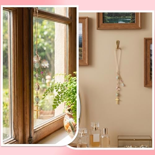 Sibba Natural Jade Cross Car Hanging Ornament, Handmade Glass Beaded Rearview - Image 5