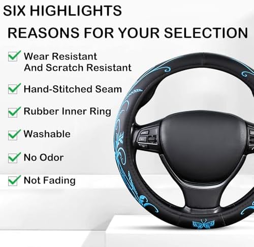 Blue Embroidery Butterfly Car Steering Wheel Cover, 14.5-15 Inch Universal - Image 4