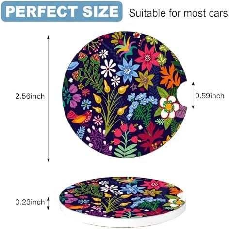 Ceramic Car Cup Holder Coasters Set of 2, 2.56 in Tropical Flowers - Image 2