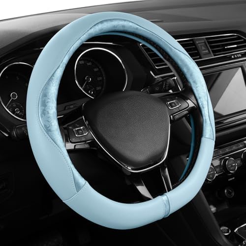 PIC AUTO Steering Wheel Cover, Light Blue Patterned Leather Patchwork Design - Image 2