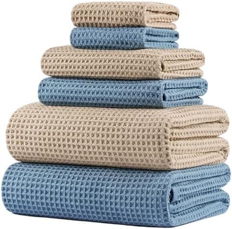 POLYTE 430 GSM Poly Blend Microfiber Quick Dry Waffle Bath Towel Set of 6 by Polyte