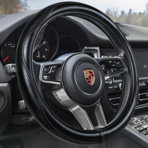 HAOKAY Top Grade Black Genuine Leather Steering Wheel Cover Men Women, Luxury by HAOKAYAUTOPRODUCTS