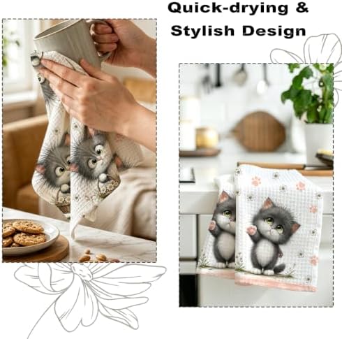 2 Pcs Cute Cat Kitchen Towels, Cat Theme Soft Absorbent Hand Tea Towels 04 - Image 6