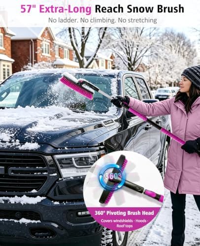 YeewayVeh 57in Truck Snow Brush & Ice Scraper 360° Rotating, Magenta Pink - Image 2