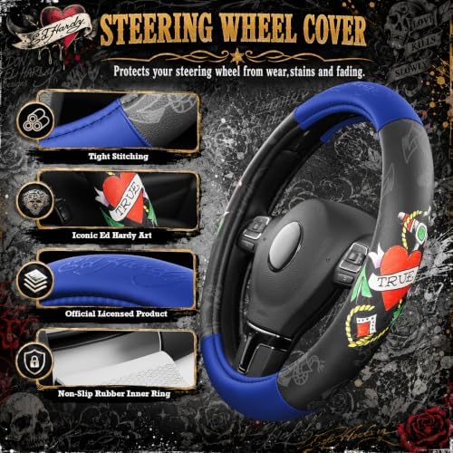 ED HARDY Heart Print Steering Wheel Cover, Fits 14.5-15.5 Inch Steering Wheels - Image 4