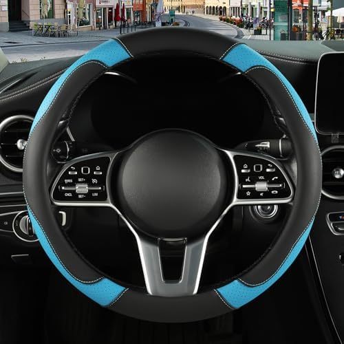 Black Blue Breathable Microfiber Leather Steering Wheel Cover - Image 2