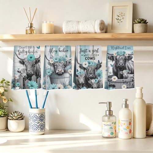 4 Pcs Highland Cattle Kitchen Towels, Highland Cow Gifts - Image 4