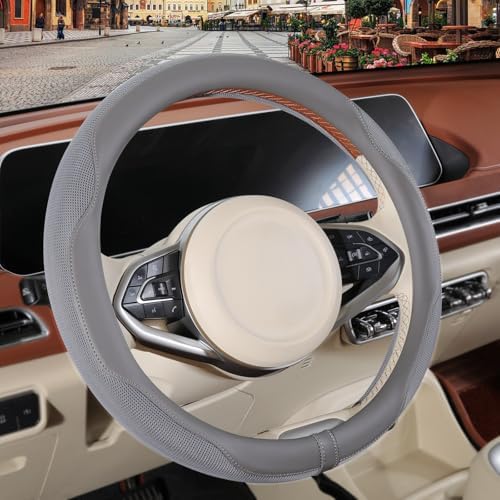 Nappa Leather Ice Silk Fabric Grey Steering Wheel Cover by Binsheo
