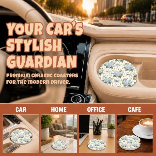 Blue Hydrangea Bow Coquette Car Coasters, Retro Floral Cup Holders - Image 4