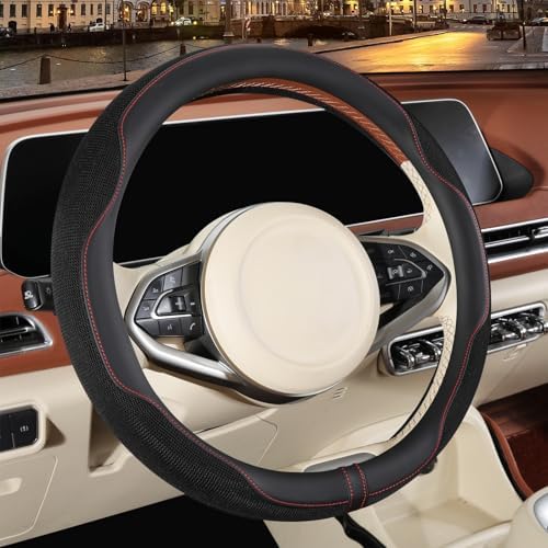 Nappa Leather Ice Silk Fabric Black Steering Wheel Cover by Binsheo