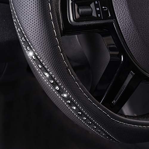 CAR PASS Bling Diamond Black Leather Steering Wheel Cover, Studded Crystal - Image 2
