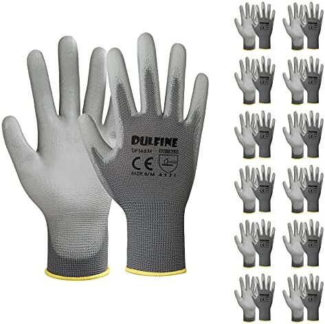 DULFINE Safety Work Gloves for Men & Women 12 Pairs, PU Coated Grey M by DULFINE