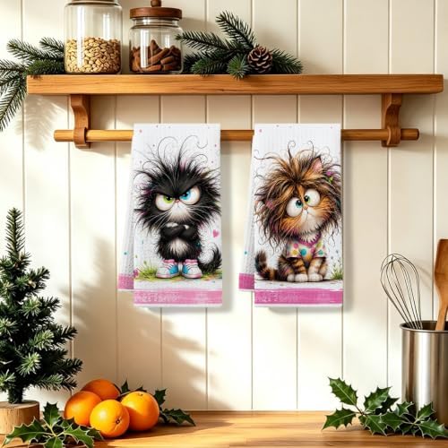 2 Pcs Funny Cat Kitchen Towels, Cat Theme Soft Absorbent Hand Tea Towels 02 - Image 5